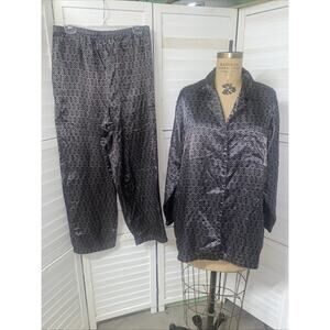 Allison Rhea Satin Pajama Set 2 Piece Pants Shirt Silver Black Sz Large